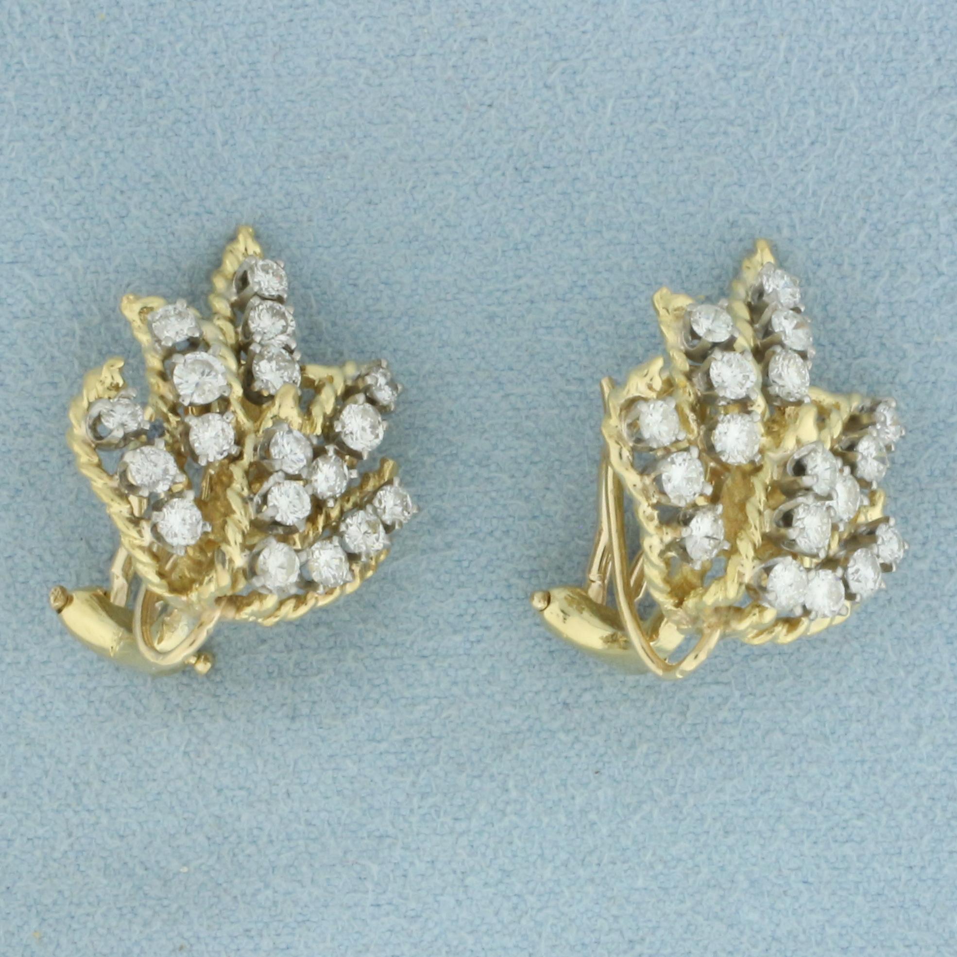 Diamond Leaf Design Clip On Earrings In 18k Yellow Gold