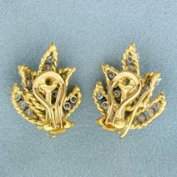 Diamond Leaf Design Clip On Earrings In 18k Yellow Gold