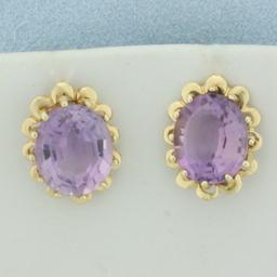 Amethyst Flower Design Earrings In 14k Yellow Gold