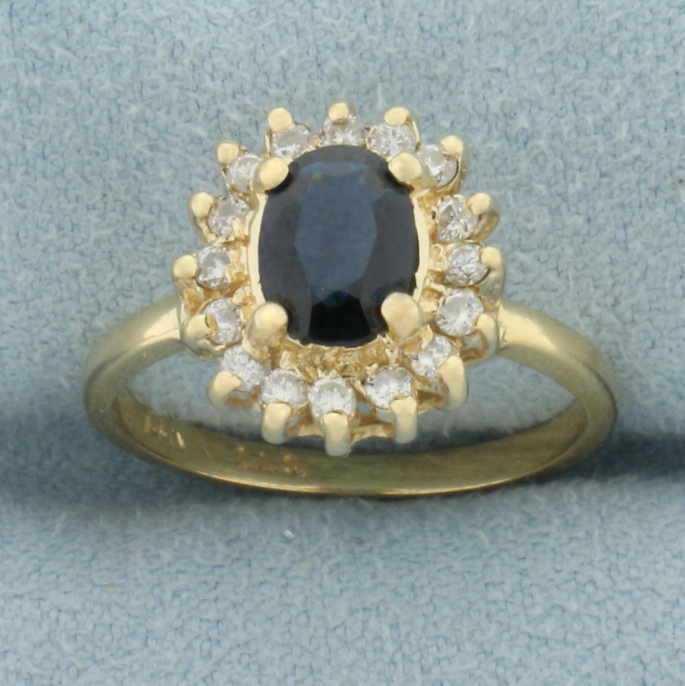 Sapphire And Diamond Halo Princess Diana Ring In 14k Yellow Gold