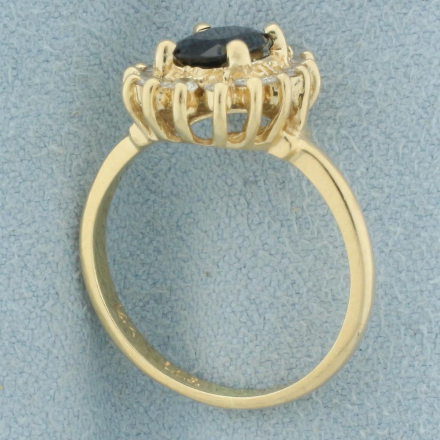 Sapphire And Diamond Halo Princess Diana Ring In 14k Yellow Gold