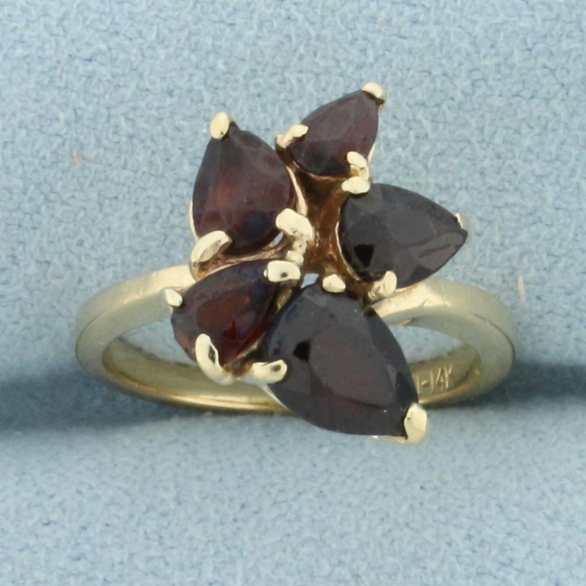 Garnet Flower Design Ring In 14k Yellow Gold