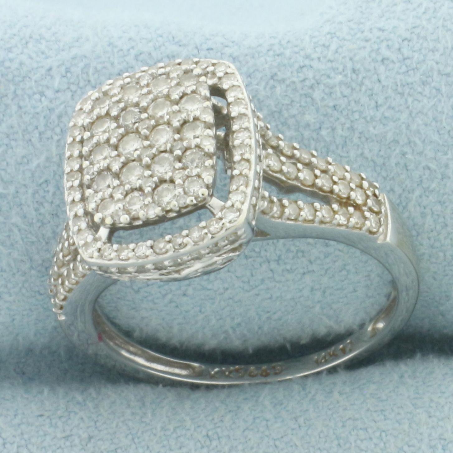 Halo Design Pave Set Diamond Ring In 14k White Gold.