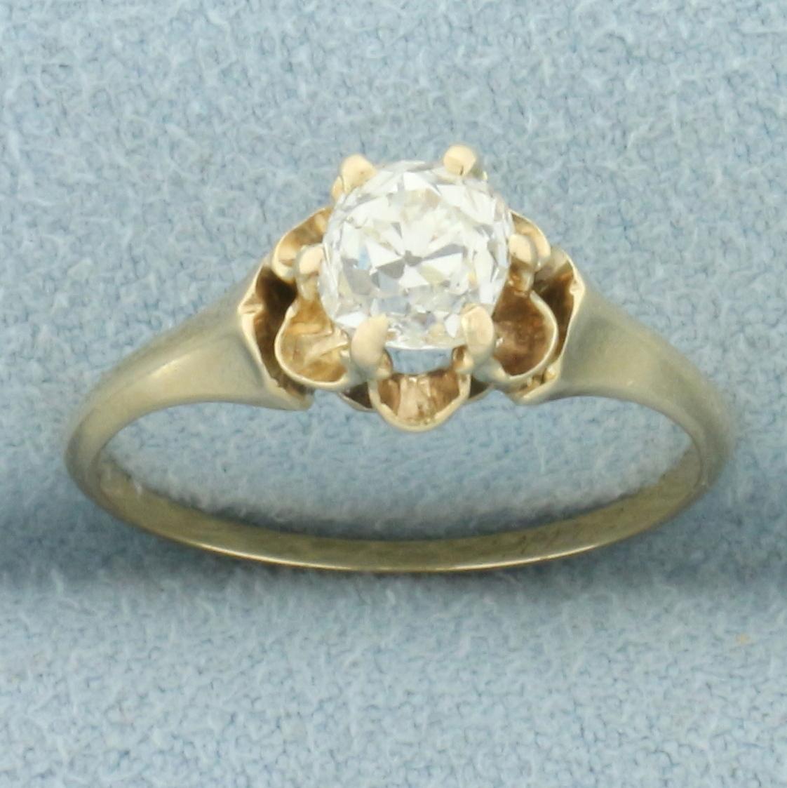 Antique 3/4ct Old Mine Cut Diamond Solitaire Engagement Ring In 14k Yellow Gold