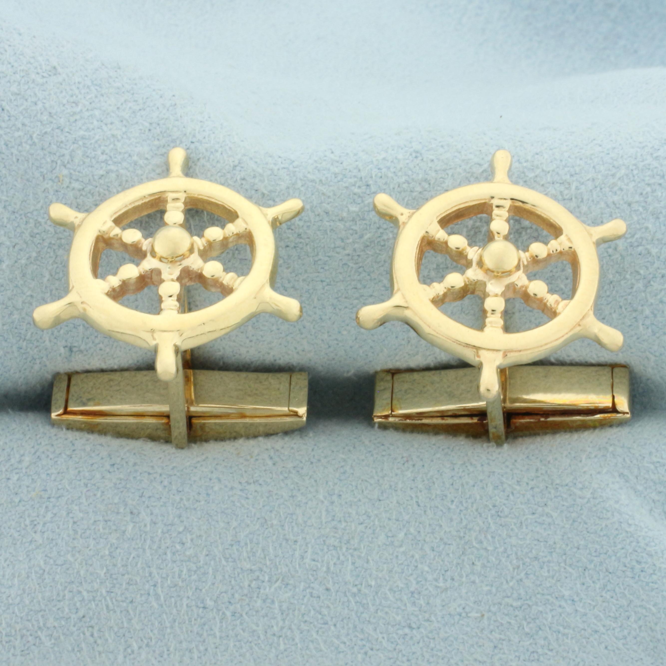 Ship's Wheel Nautical Cufflinks In 14k Yellow Gold