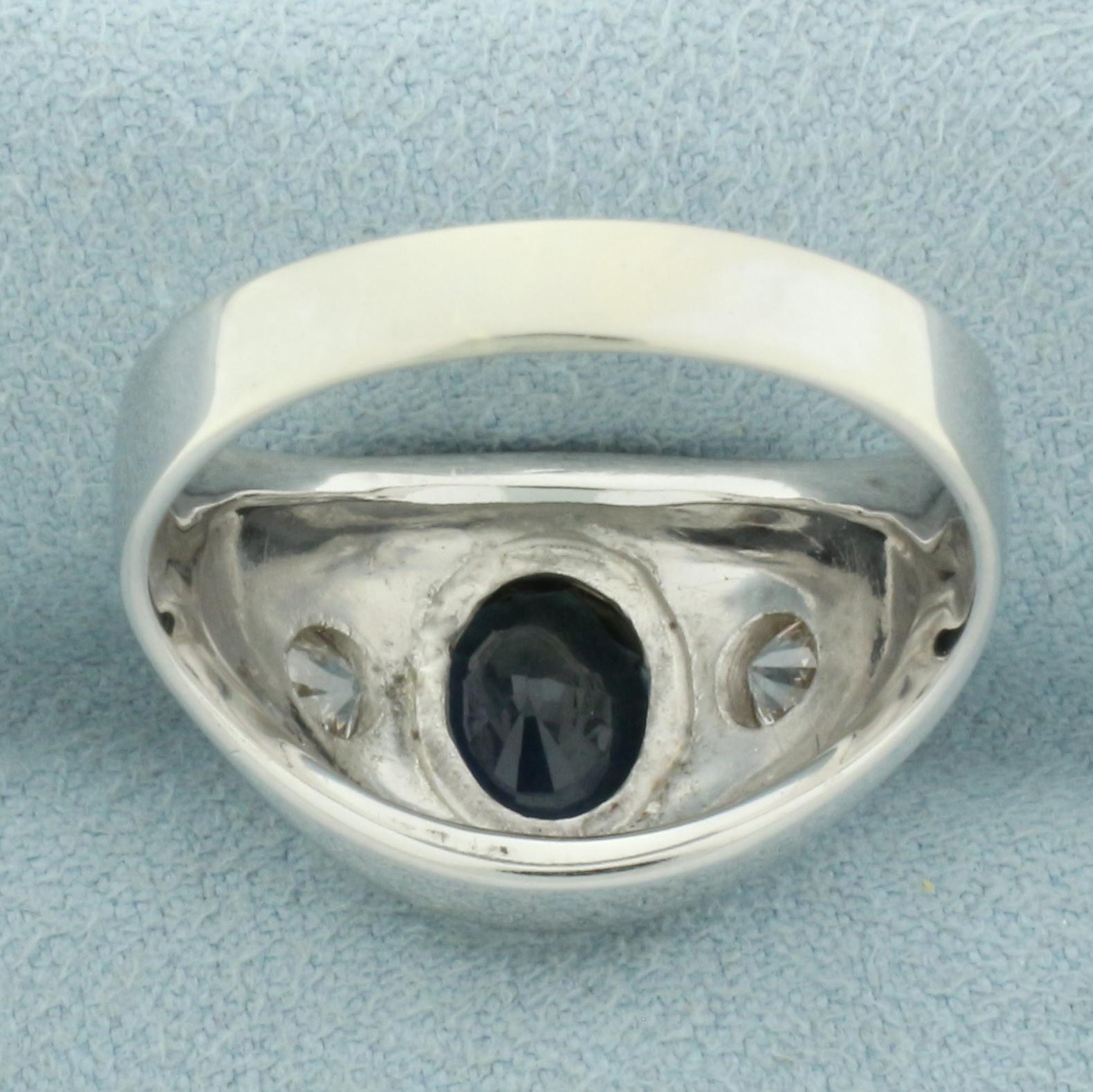 Mens Teal Sapphire And Old European Cut Diamond Ring In 14k White Gold