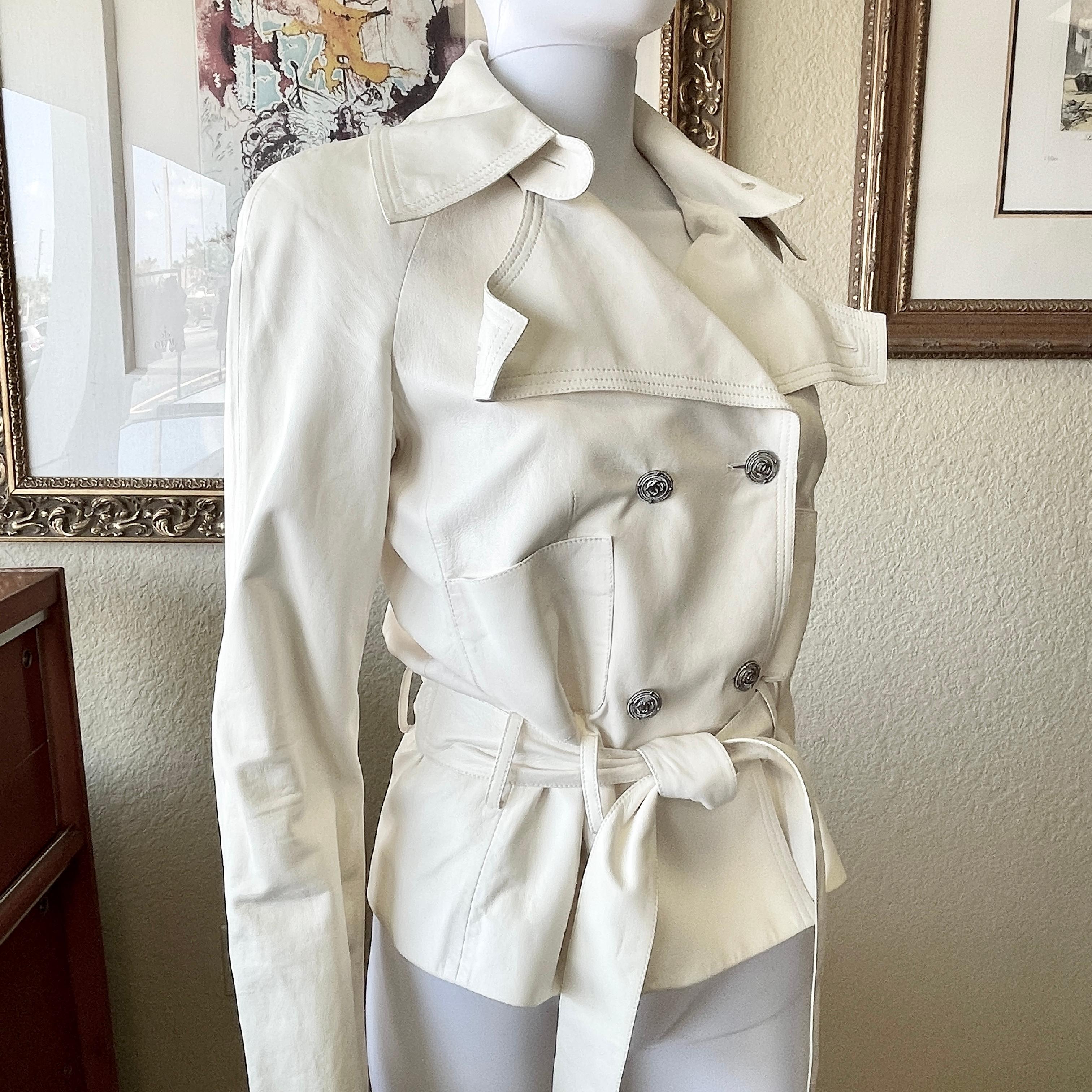 Chanel 12c Double Breasted White Lambskin Belted Leather Biker Jacket 40