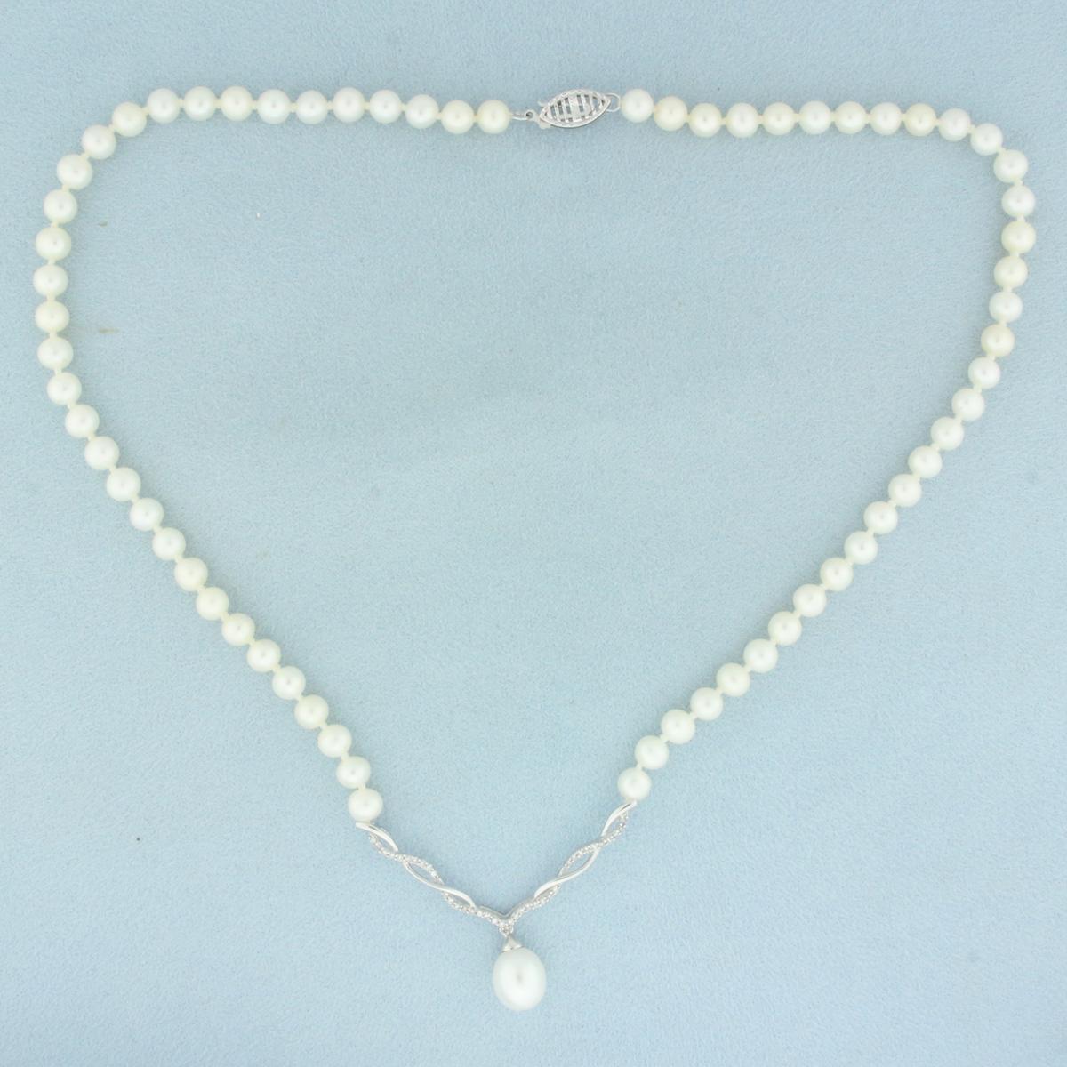 Vintage Cultured Pearl And Diamond V-drop Necklace In 10k White Gold