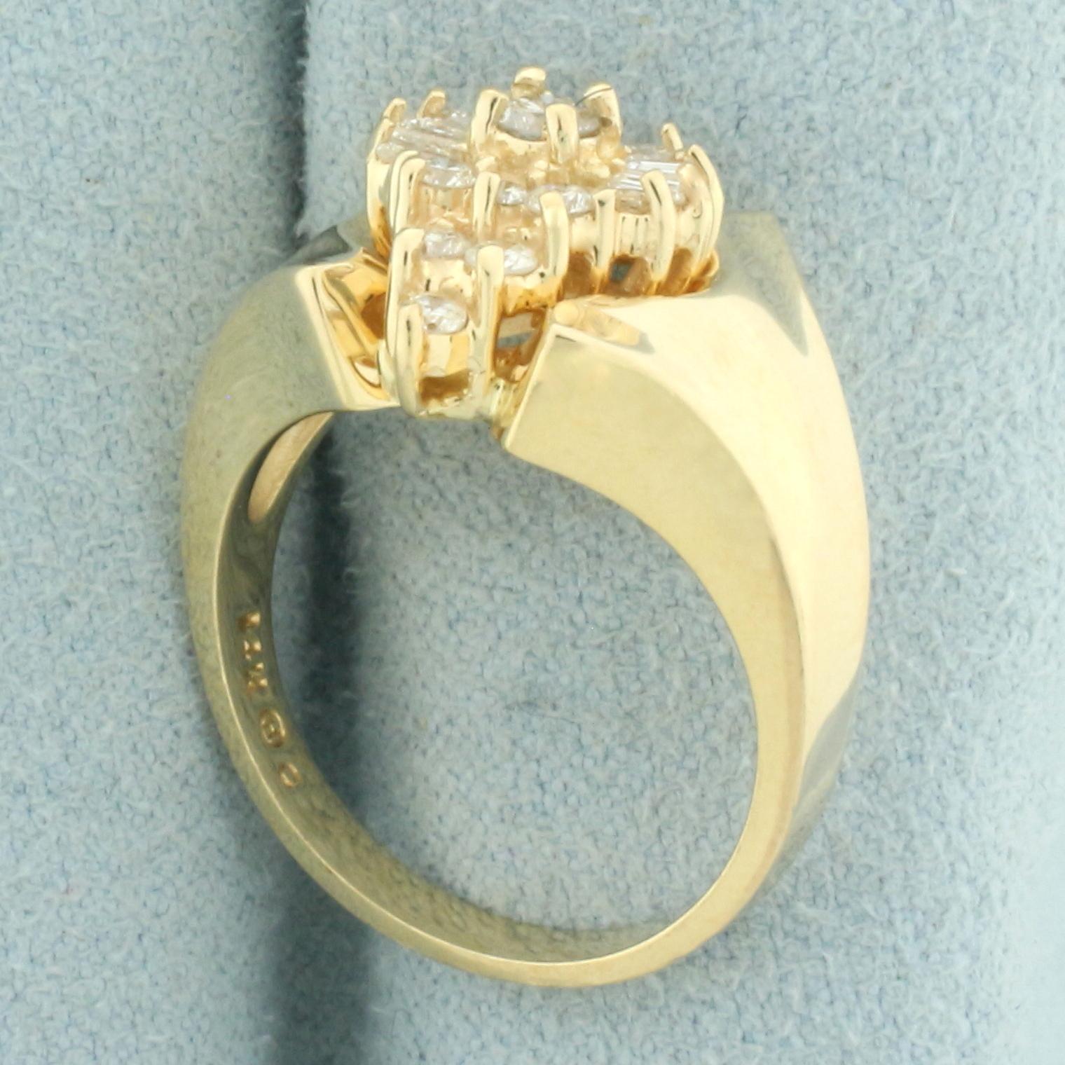 Round And Baguette Diamond Cocktail Ring In 14k Yellow Gold