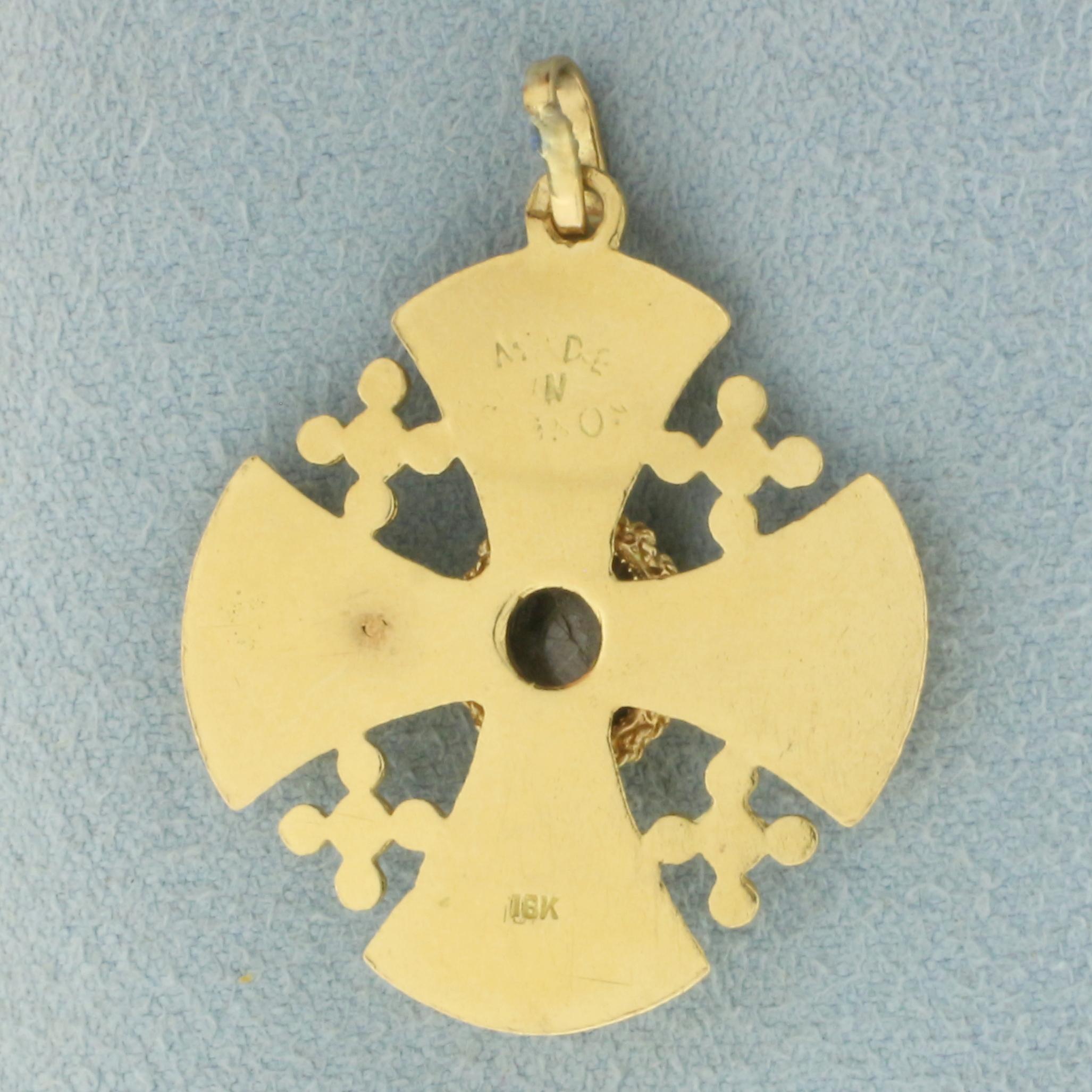 Natural Star Sapphire Jerusalem Cross Pendant In 18k Yellow Gold