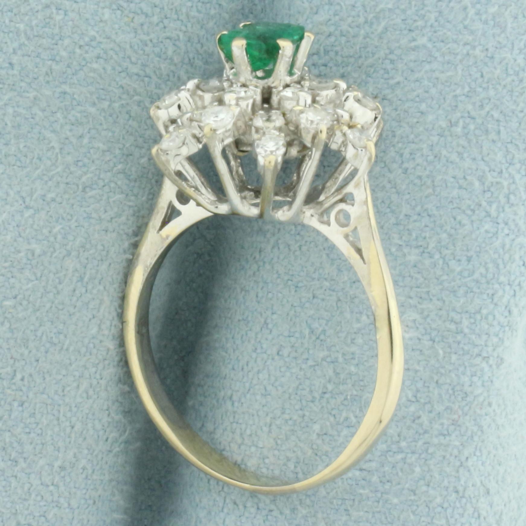 Untreated Emerald And Diamond Starburst Flower Ring In 18k Yellow And White Gold