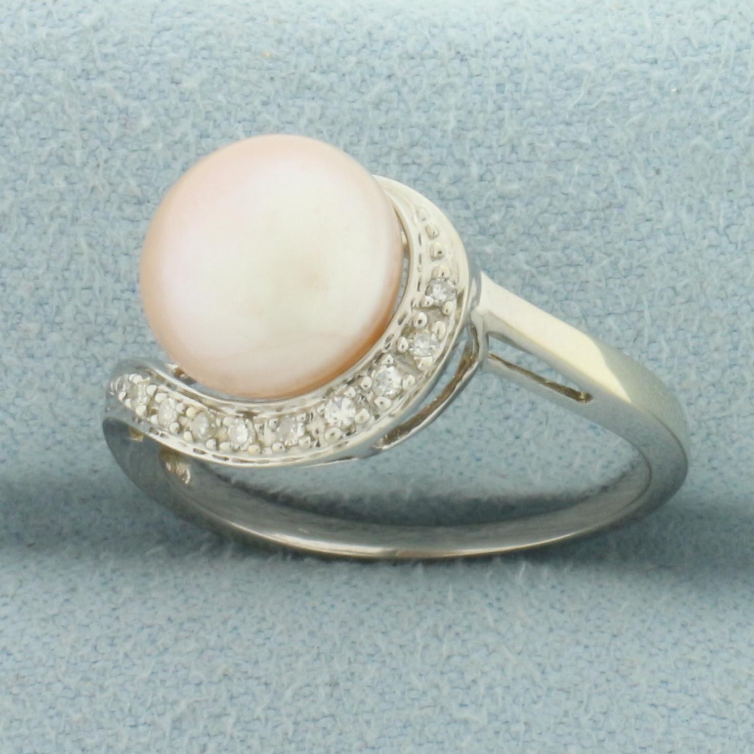 Pink Cultured Button Pearl And Diamond Ring In 10k White Gold