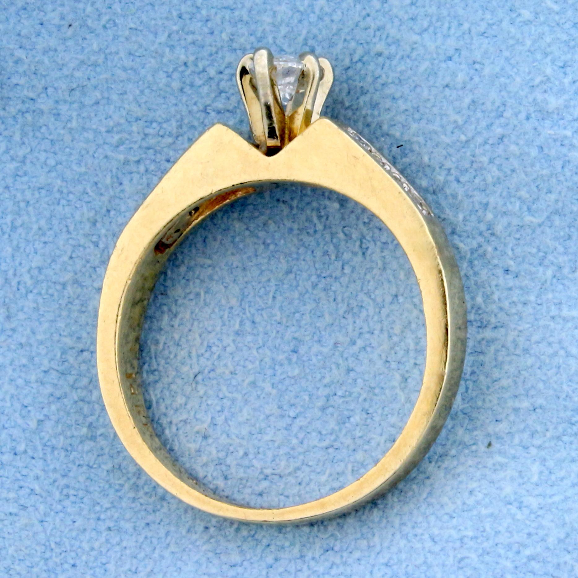 Vintage Marquise And Round Diamond Engagement Ring In 14k Yellow Gold