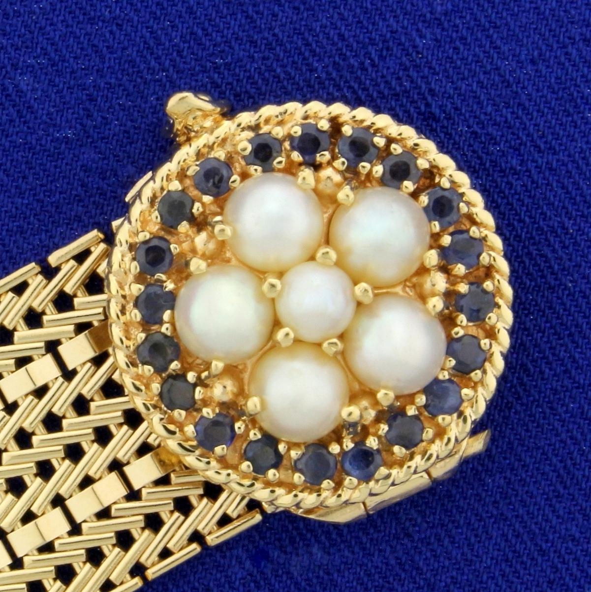 Vintage Victorian Style Adjustable Mesh Design Bracelet With Pearls And Sapphires In 14k Yellow Gold