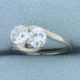 Old European And Round Brilliant Two Stone Diamond Ring In 14k White Gold