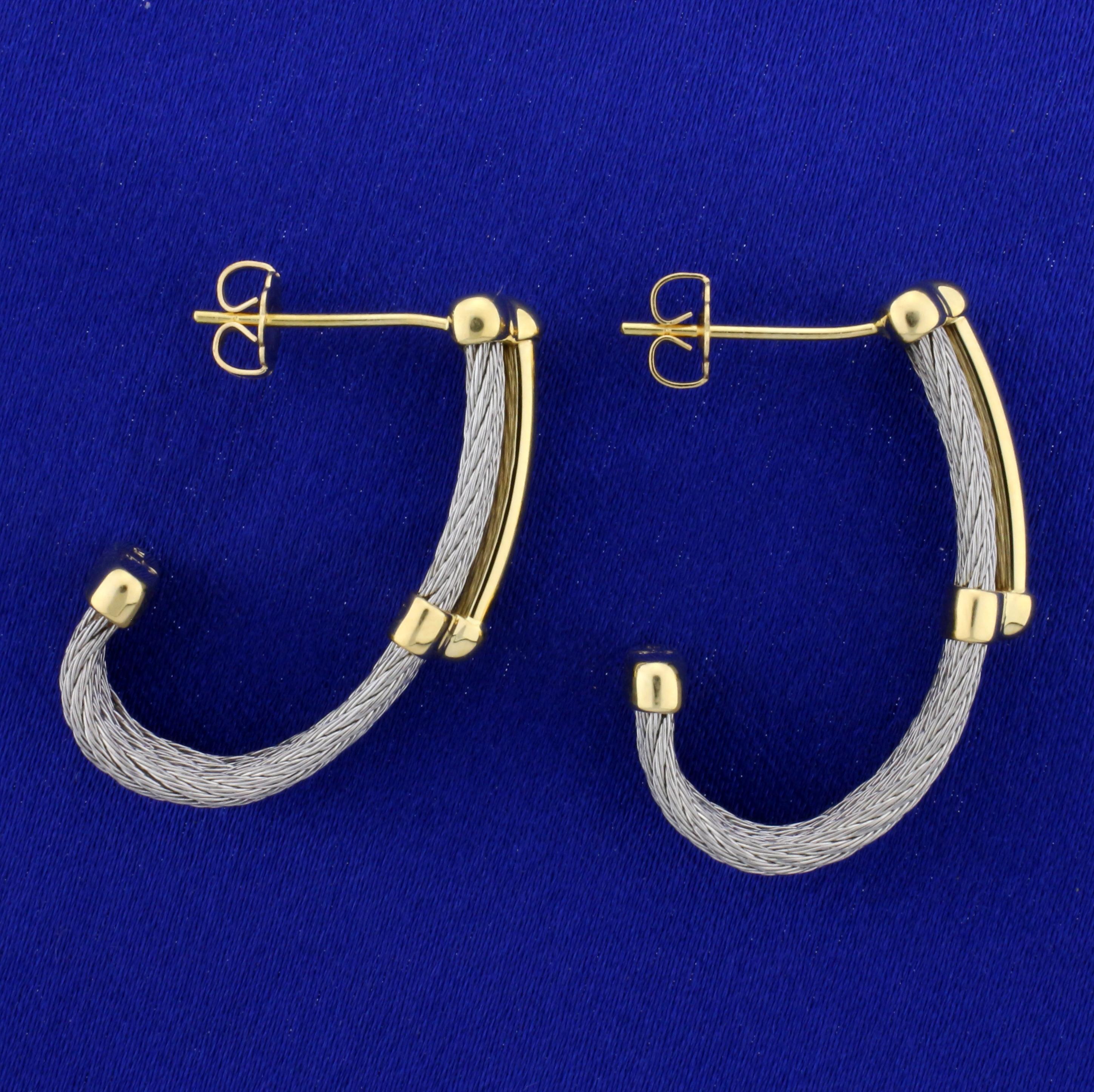 Designer Charriol Cable Link J Hoop Earrings In 18k White And Yellow Gold