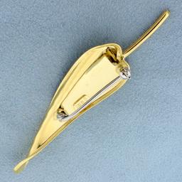 Italian Made Diamond Feather Pin In 18k Yellow Gold