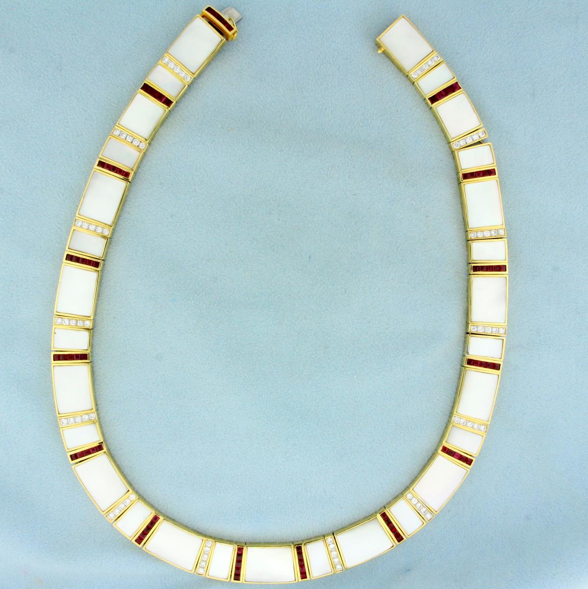 Ruby, Mother Of Pearl And Diamond Necklace In 18k Yellow Gold