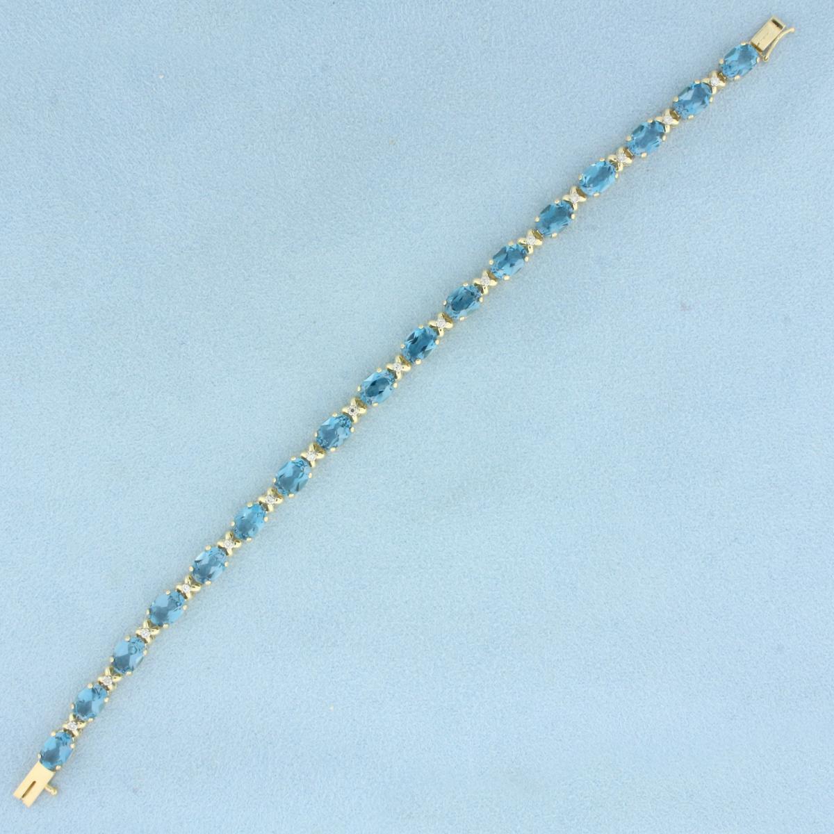 Swiss Blue Topaz And Diamond Tennis Bracelet In 14k Yellow Gold