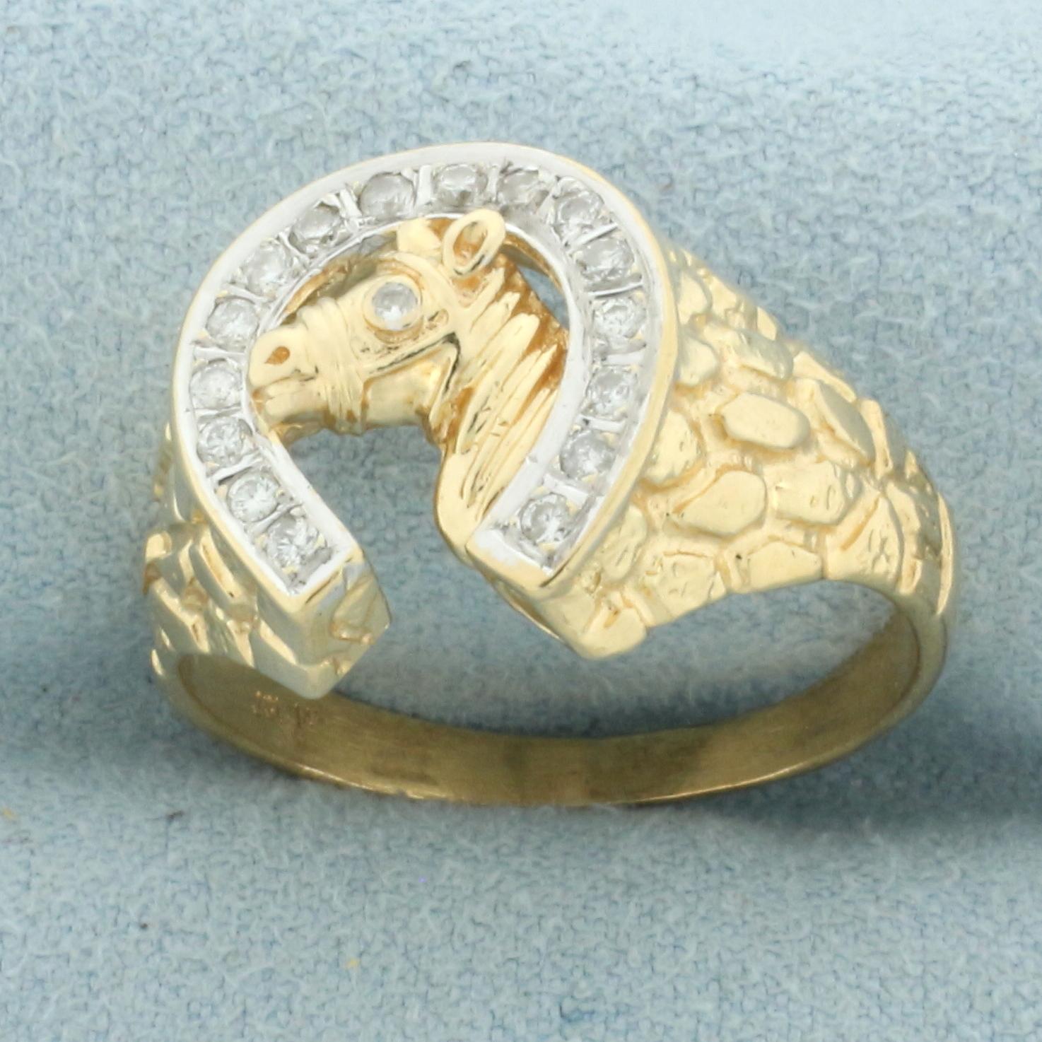 Diamond Horse And Horseshoe Nugget Ring In 14k Yellow Gold