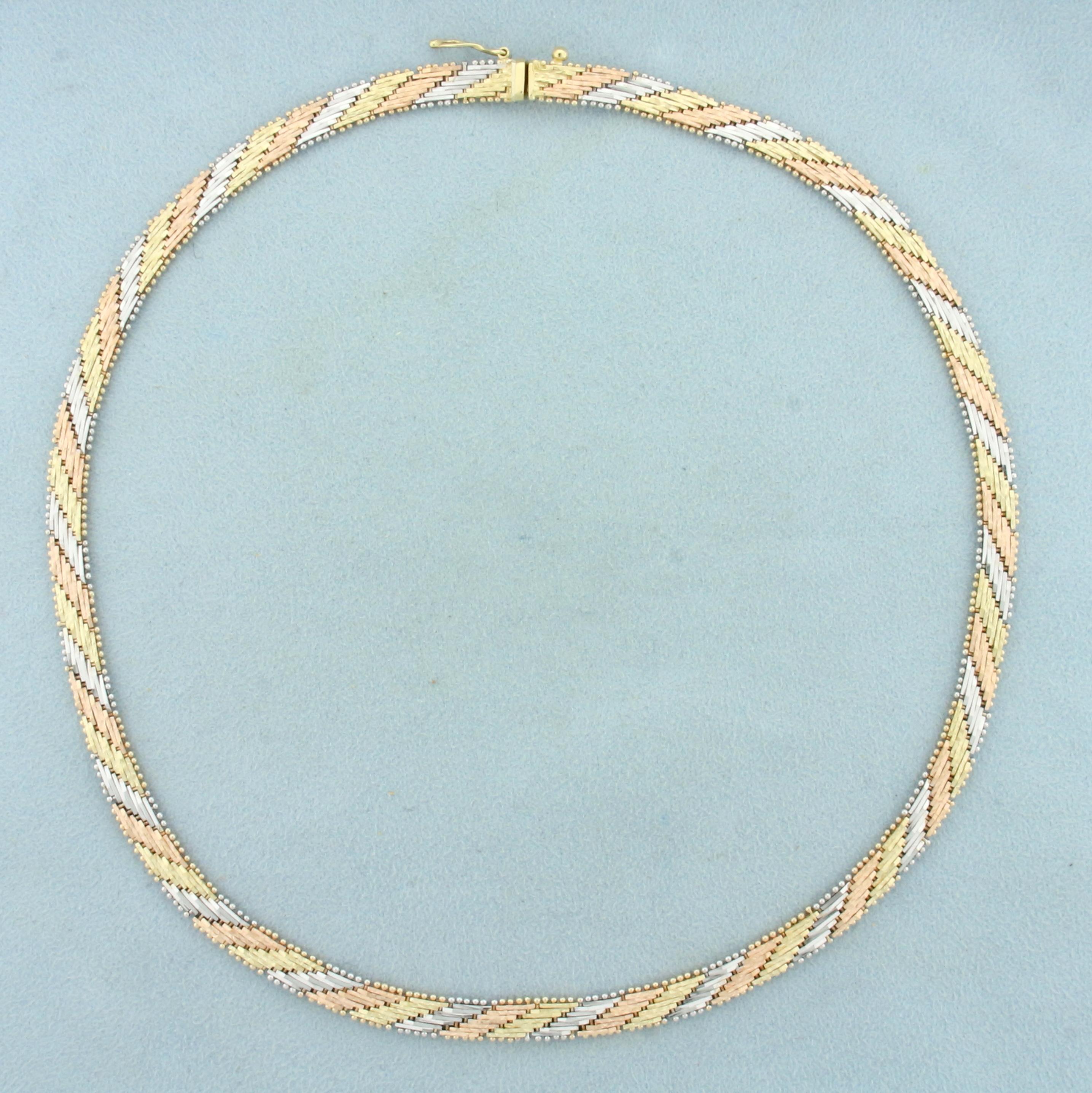 Italian 16 Inch Tri Color Designer Link Necklace In 14k Yellow, White And Rose Gold