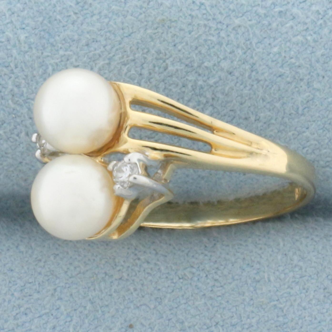 Cultured Akoya Pearl And Diamond Toi Et Moi Ring In 14k Yellow Gold