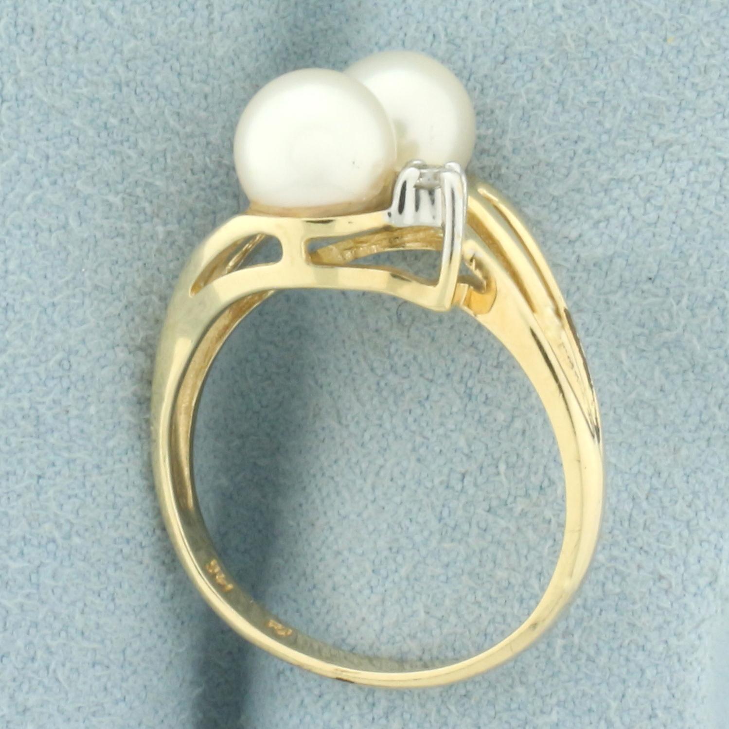 Cultured Akoya Pearl And Diamond Toi Et Moi Ring In 14k Yellow Gold