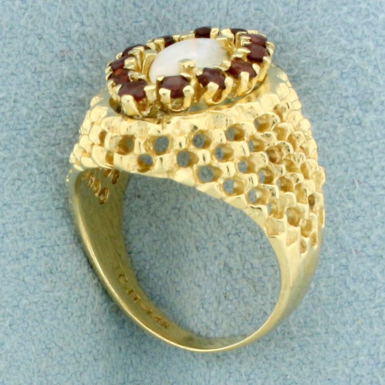 Opal And Garnet Basket Weave Ring In 14k Yellow Gold