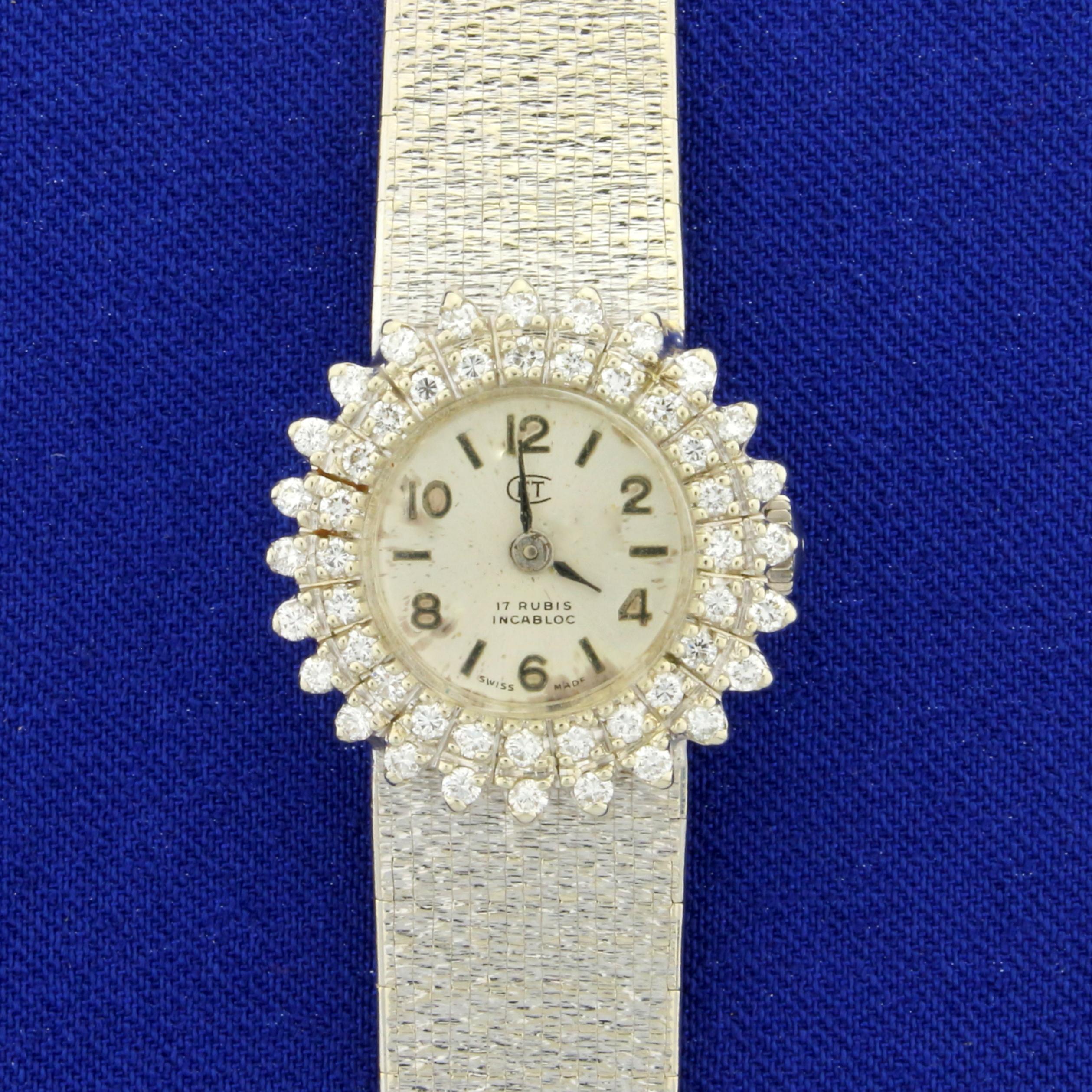 Antique Womens Diamond Swiss Made 17 Rubis Incabloc Windup Watch In Solid 18k White Gold