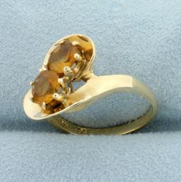 Designer Golden Citrine Two Stone Ring In 14k Yellow Gold