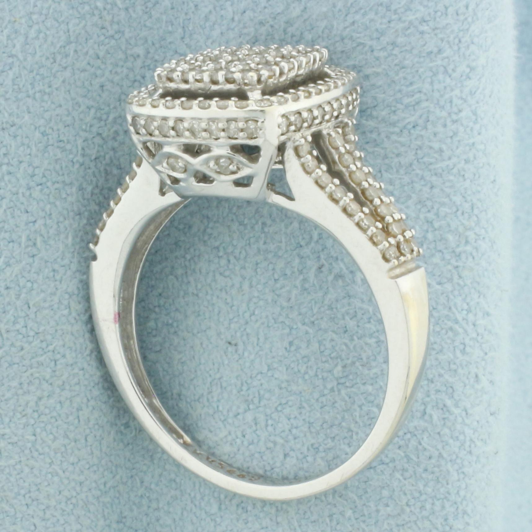 Halo Design Pave Set Diamond Ring In 14k White Gold.