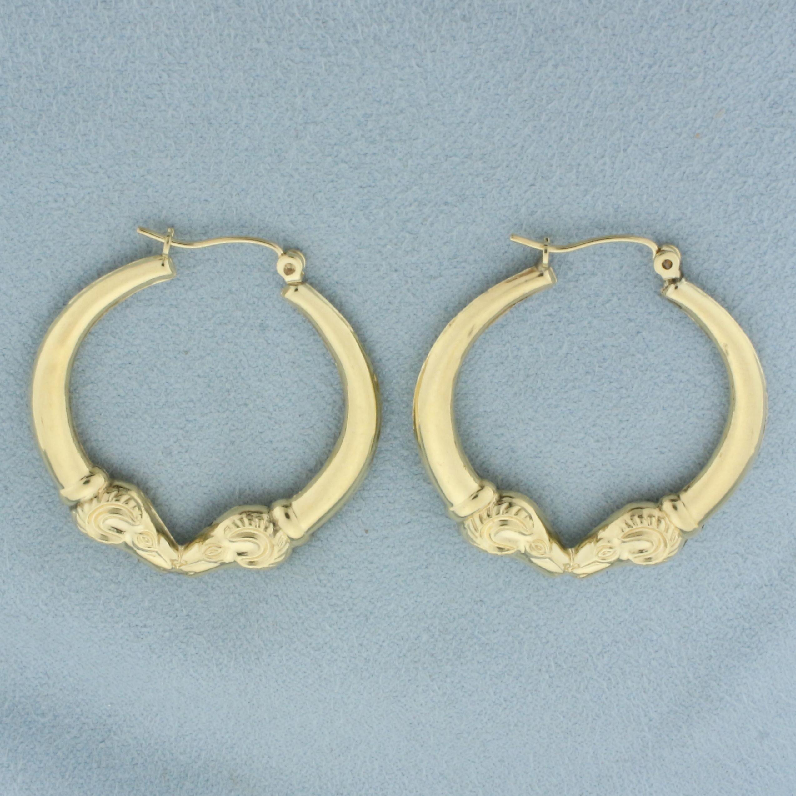 Vintage Double Ram's Head Hoop Earrings In 14k Yellow Gold