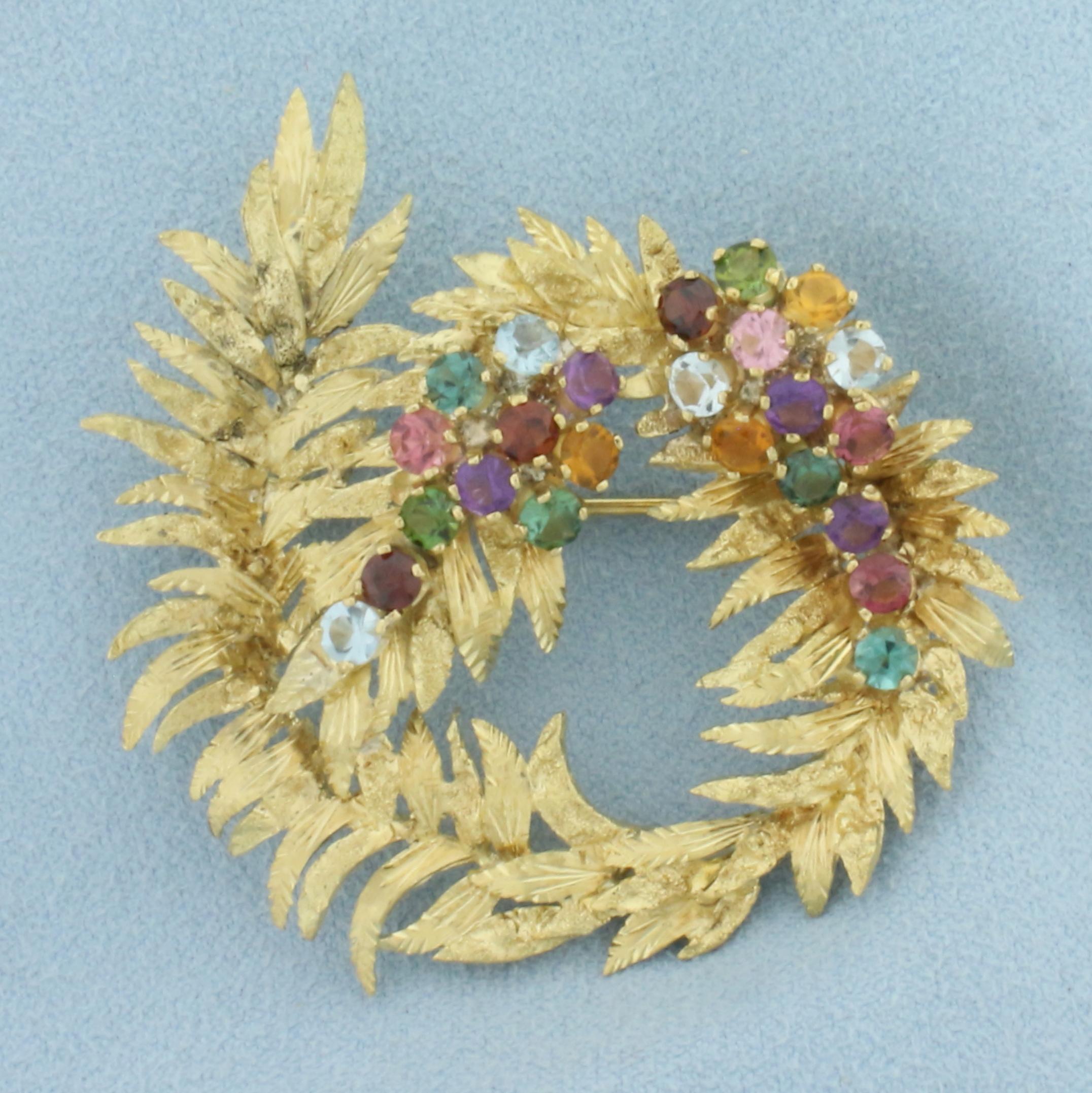 Vintage Rainbow Gemstone Wreath Pin In 18k Yellow Gold