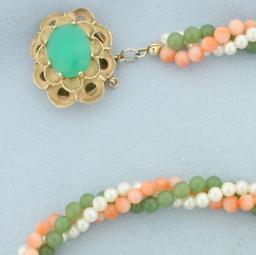 Jade, Pink Skin Coral, And Pearl Necklace In 14k Yellow Gold