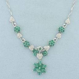 6ct Emerald And Diamond Flower Design Necklace In 14k White Gold