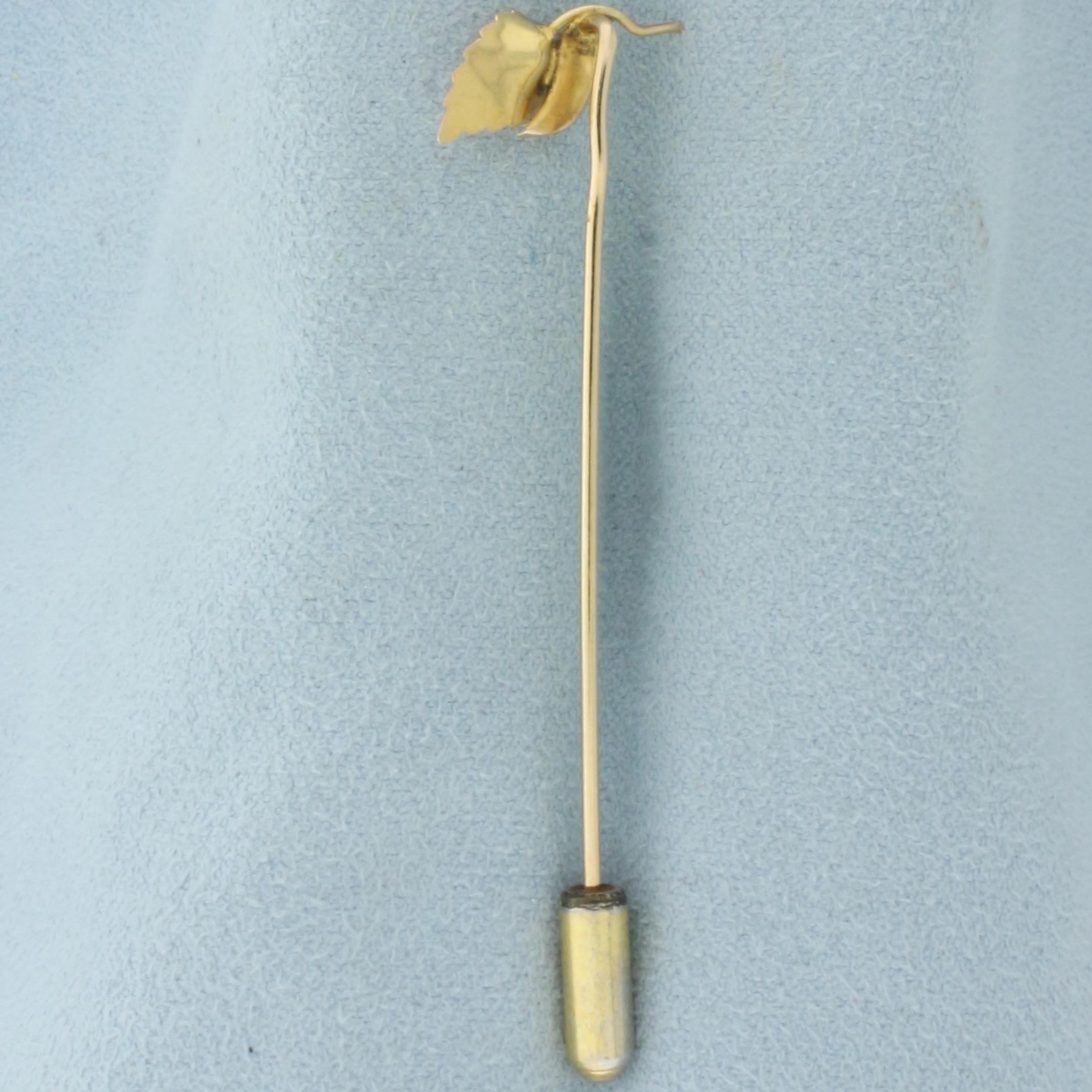 Vintage Pink Sapphire And Pearl Leaf Stick Pin In 14k Yellow Gold