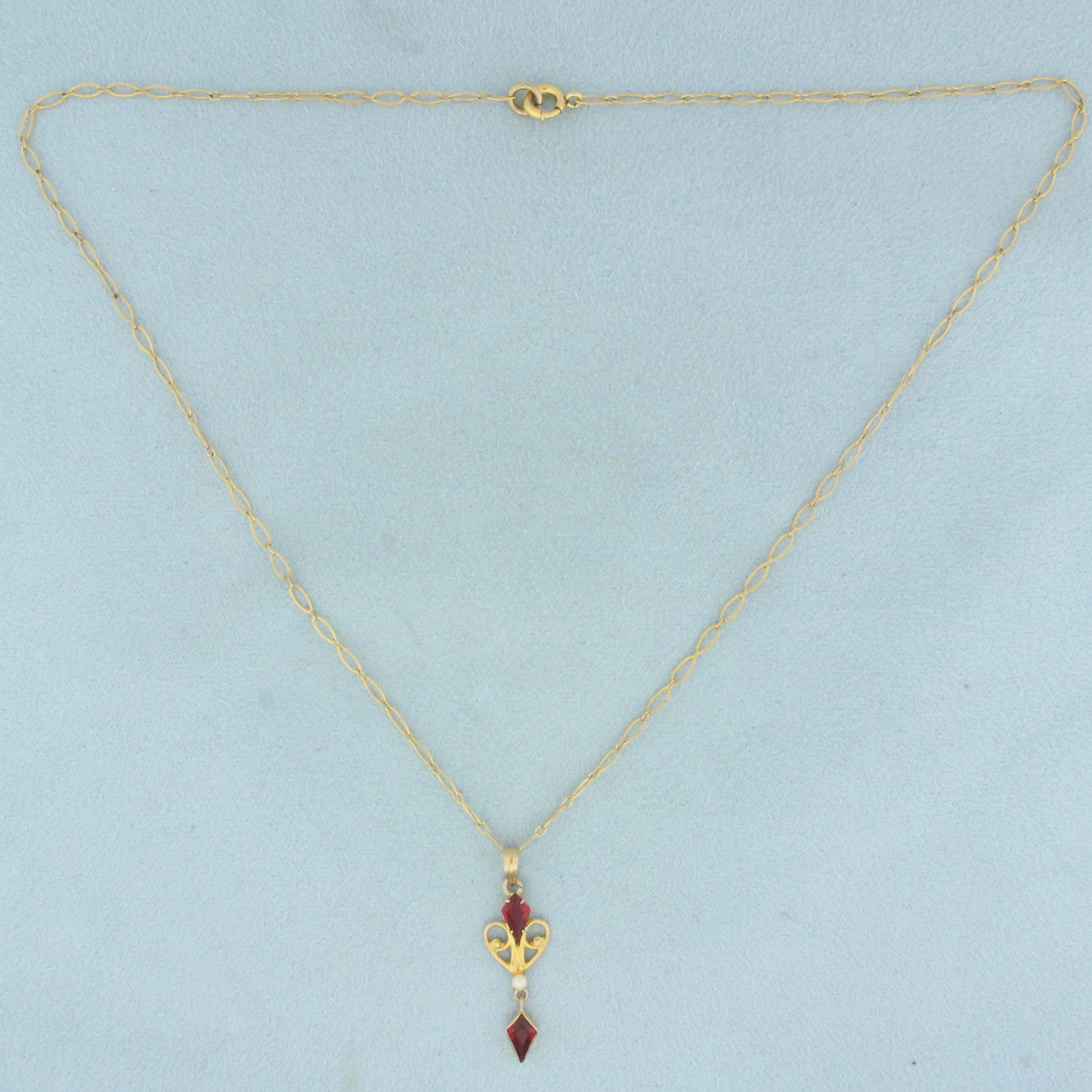 Vintage Synthetic Ruby And Seed Pearl Necklace In 10k Yellow Gold