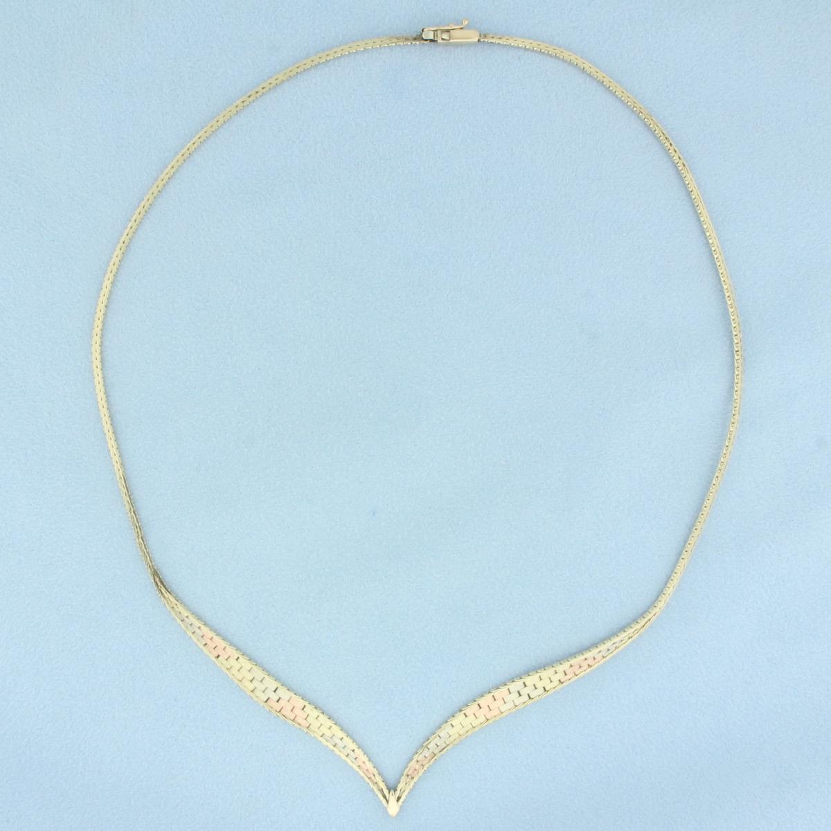 Tri-color Woven V Choker Necklace In 14k Yellow, White, And Rose Gold
