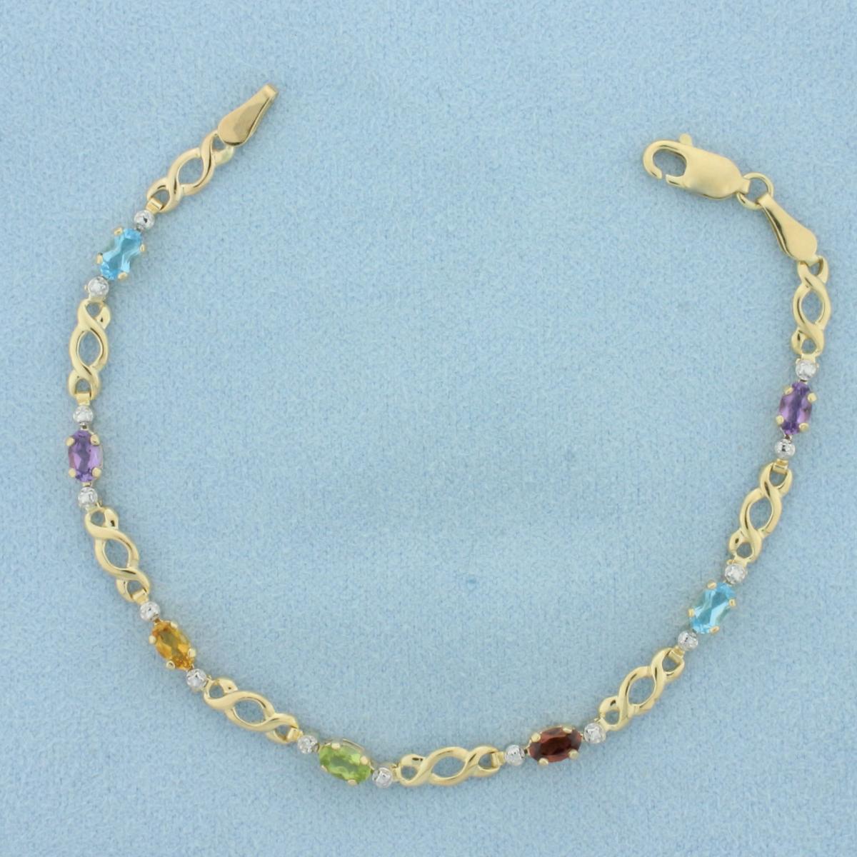 Rainbow Gemstone And Diamond Infinity Design Bracelet In 14k Yellow Gold