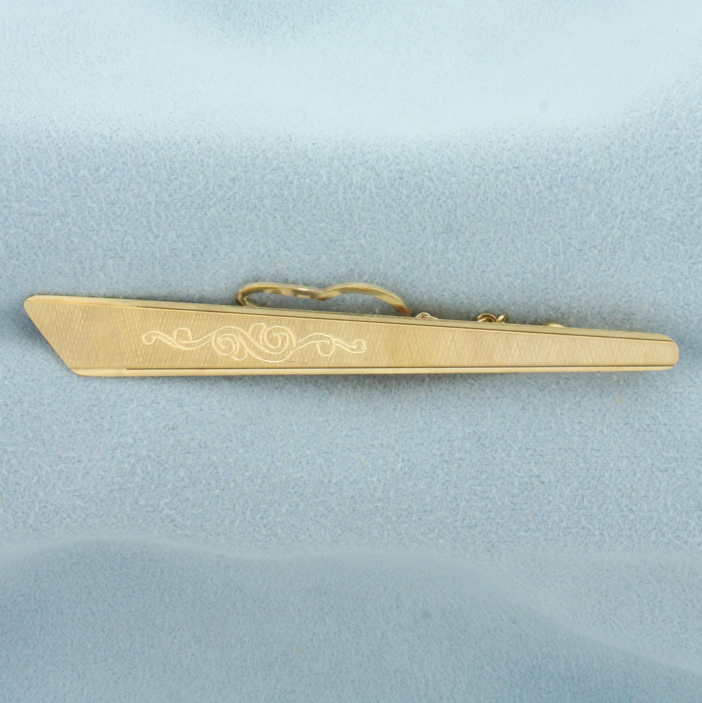 Vintage Engraved Tie Bar Clip With Chain In 18k Yellow Gold