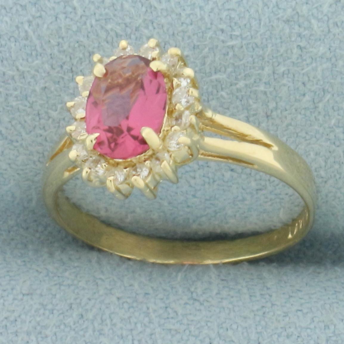 Morganite And Diamond Halo Princess Diana Ring In 14k Yellow Gold
