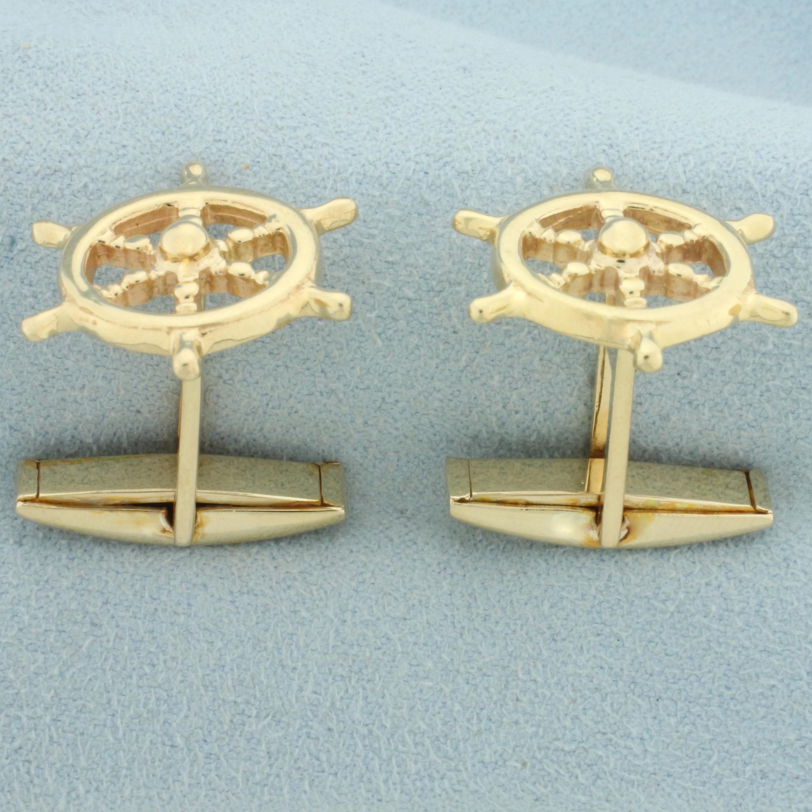 Ship's Wheel Nautical Cufflinks In 14k Yellow Gold