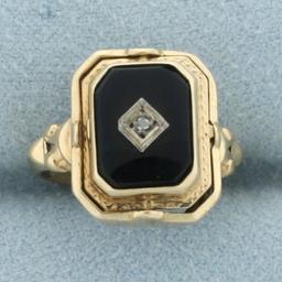 Antique Spinning Shell Carved Cameo And Onyx/diamond Ring In 14k Yellow Gold