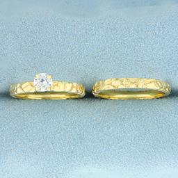 Solitaire .4ct Diamond Engagement Ring And Wedding Band Bridal Set In 18k Yellow Gold