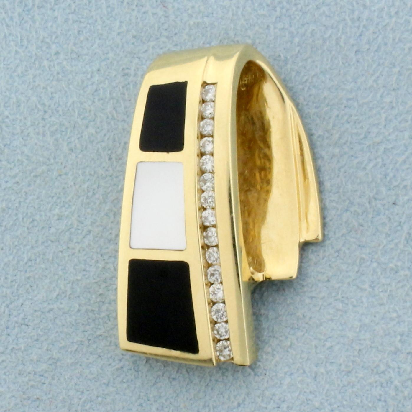 Diamond, Mother Of Pearl, And Onyx Pendant Or Slide In 14k Yellow Gold