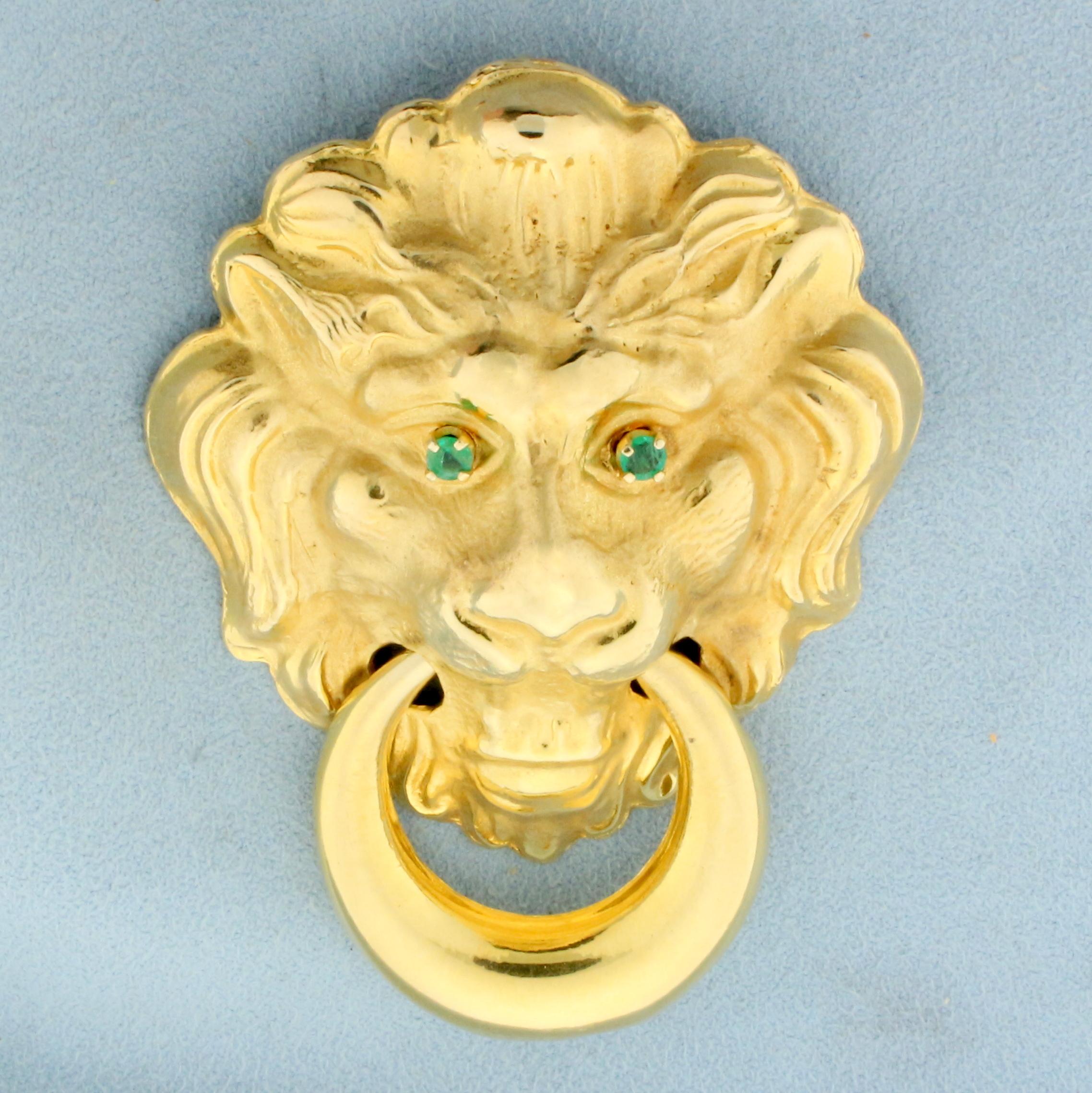 Large Emerald Lion Design Door Knocker Pendant Or Pin In 14k Yellow Gold