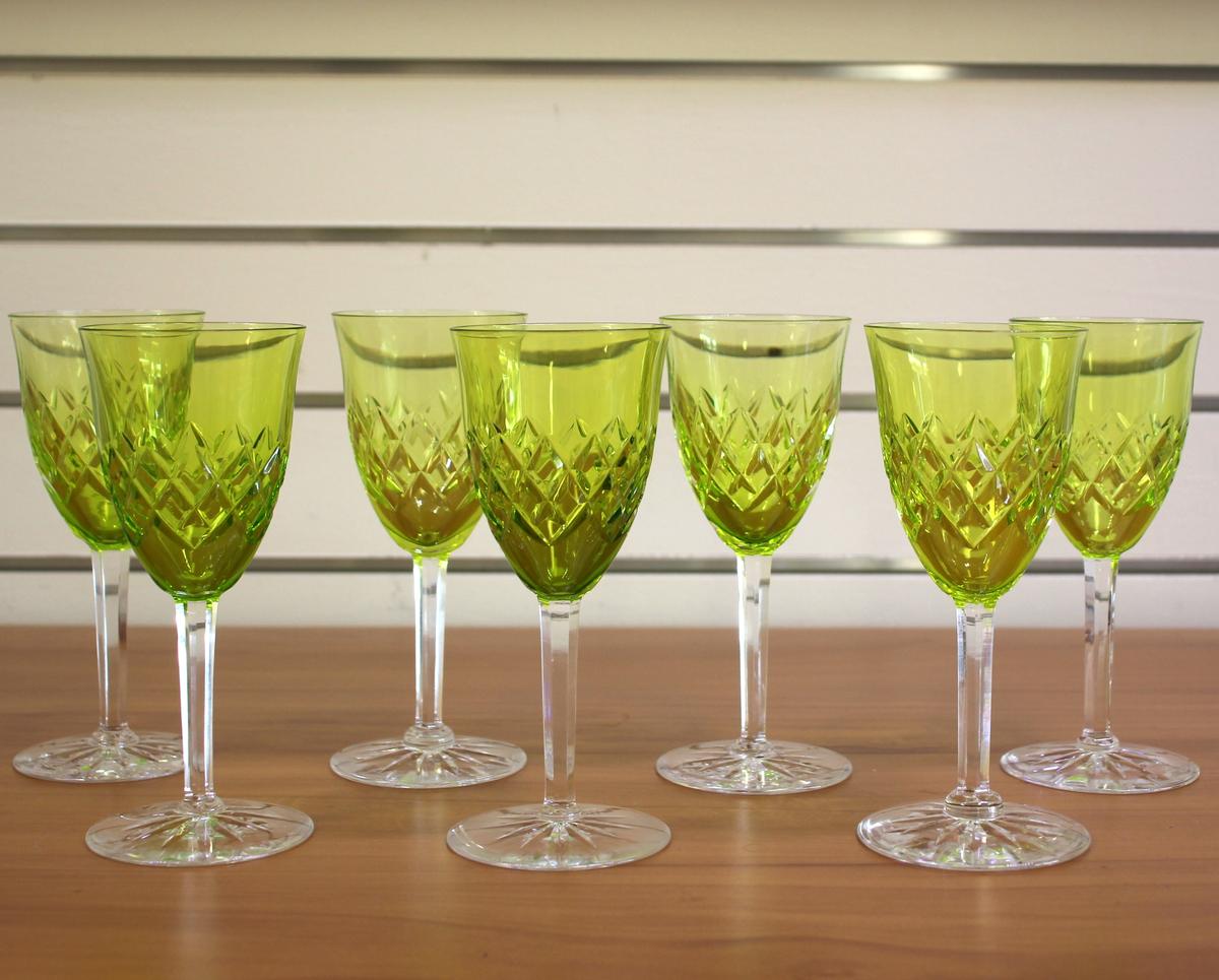 9 Piece Orrefors Helga Chartreuse Green Scandinavian Wine Glass Set