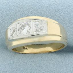 Antique Mens Three Stone Old European Diamond Wedding Or Anniversary Ring In 14k Yellow Gold