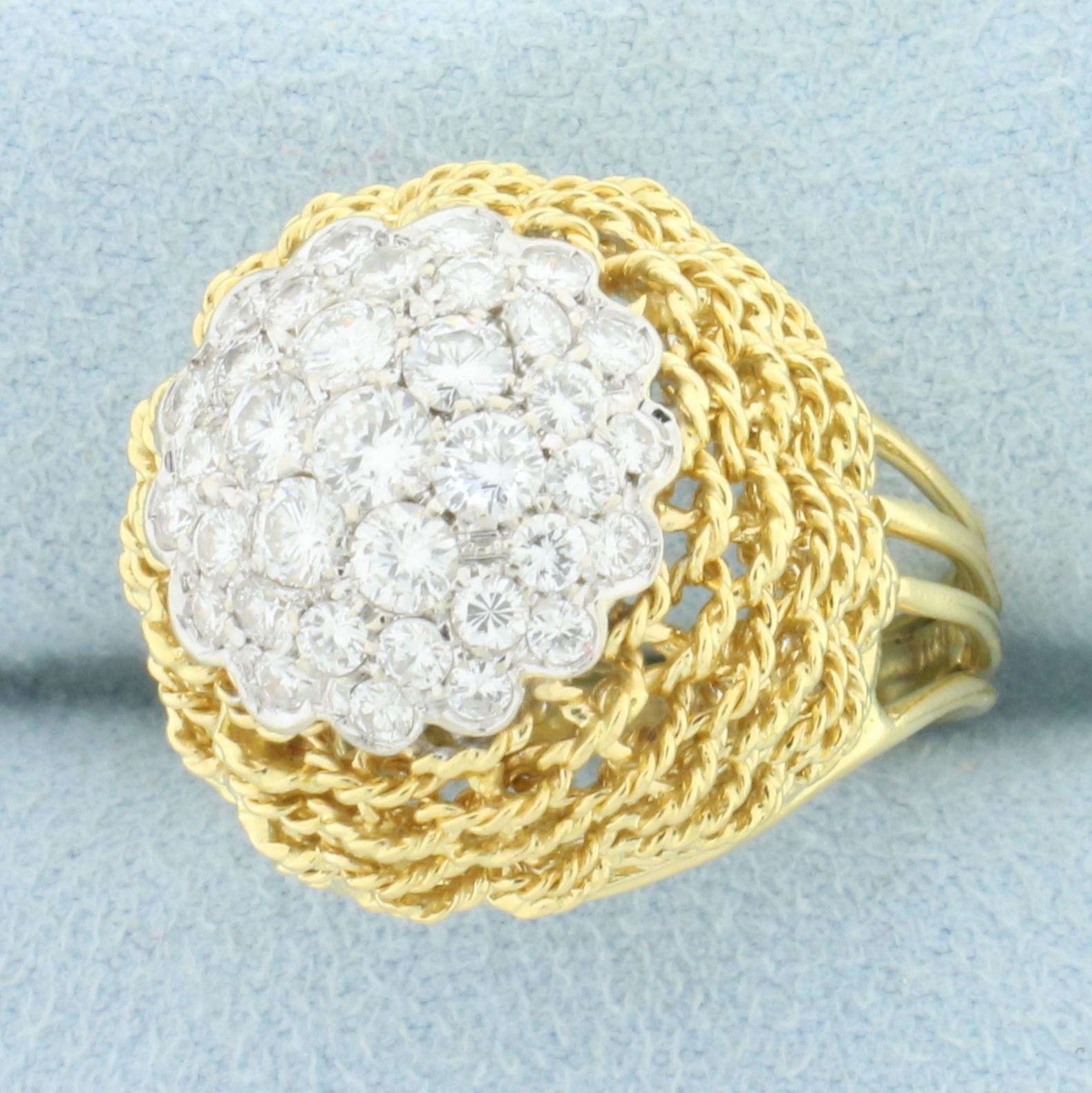 Italian Woven Design Diamond Bombe Ring In 18k Yellow Gold