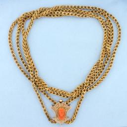 Antique Double Cable Link Necklace With Pink Coral Cameo Pendant In 12k Yellow Gold